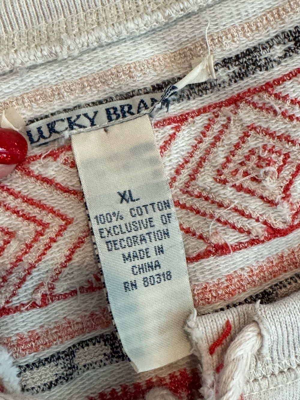 Lucky Brand Cream Sweatshirt Boho Southwest Tribal Aztec Folk Art Inspired Yoke - Picture 8 of 12